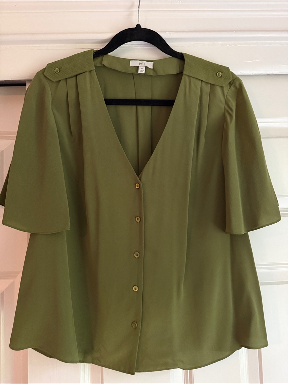 Joie Olive Green Button-Front Flutter Sleeve Blouse
